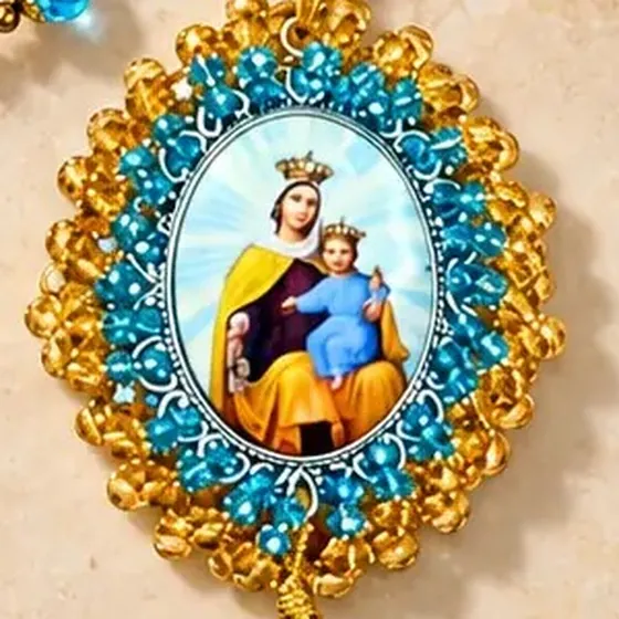 Medallón recamado de cerca: la imagen de la Virgen rodeada por un borde de cuentas bordadas a mano.