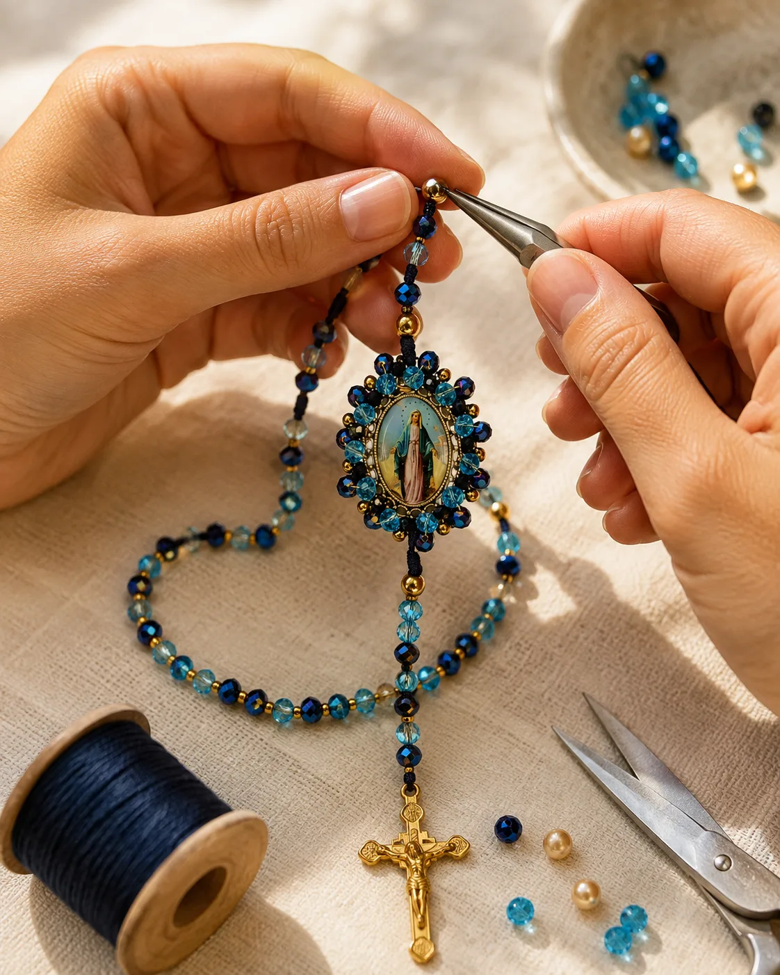 Manos artesanas elaborando a mano un rosario de Rosarios del Alma