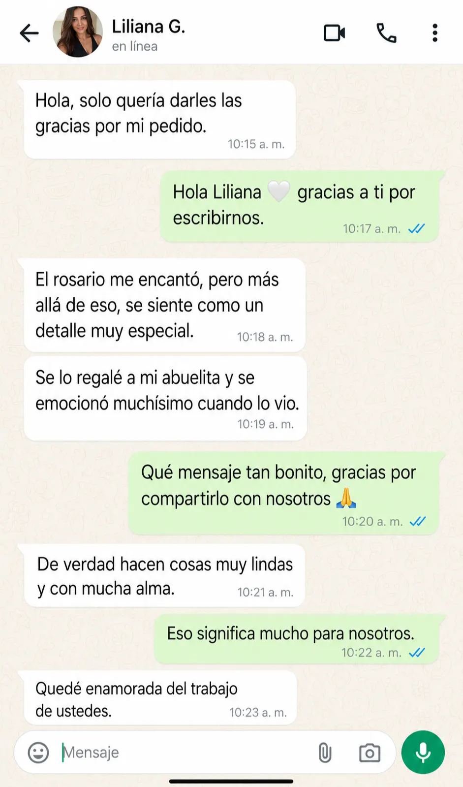 Captura de conversación de WhatsApp con Juliana R.