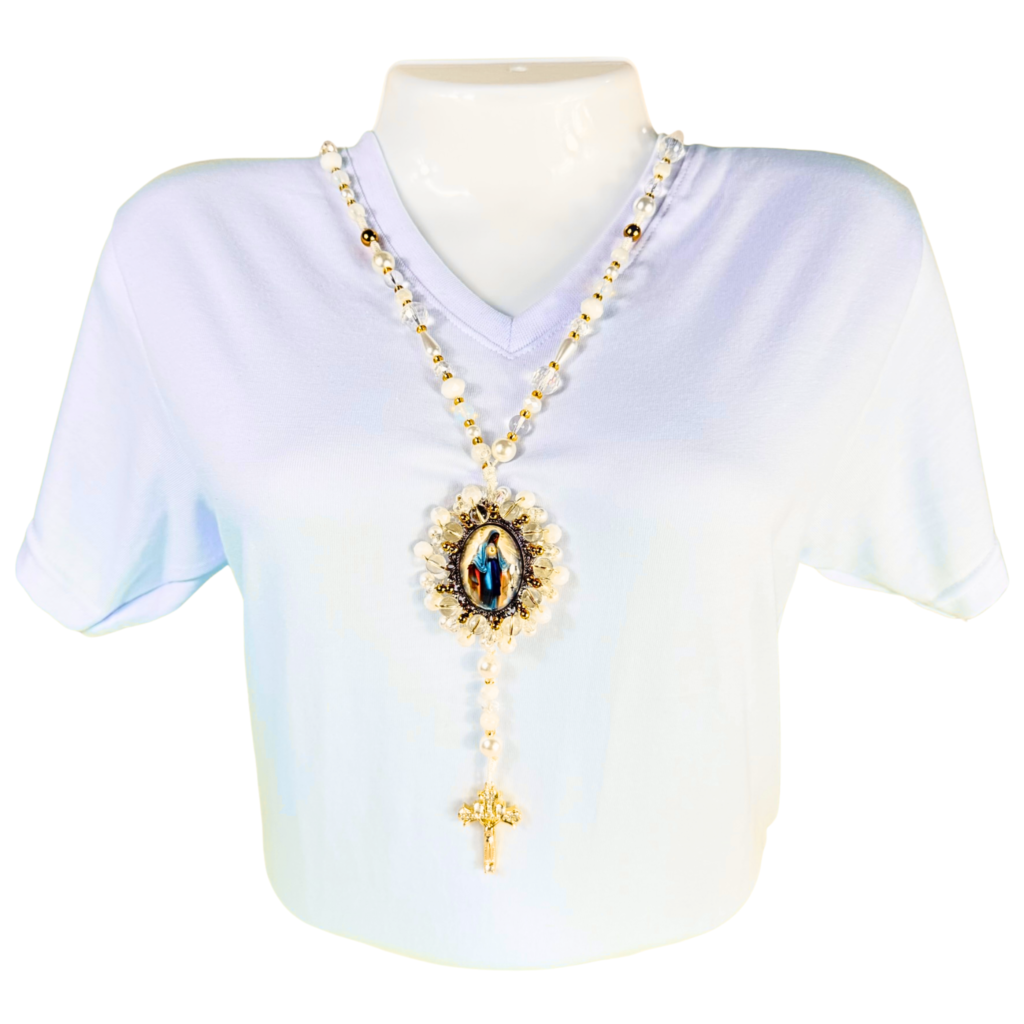 Rosario Virgen Milagrosa · Recamado Blanco Dorado